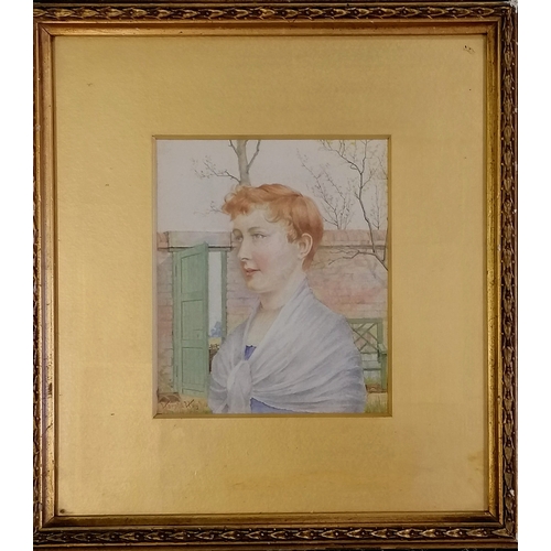48 - Harold Hughes watercolour painting of a girl by a garden wall - frame 28cm x 26cm.