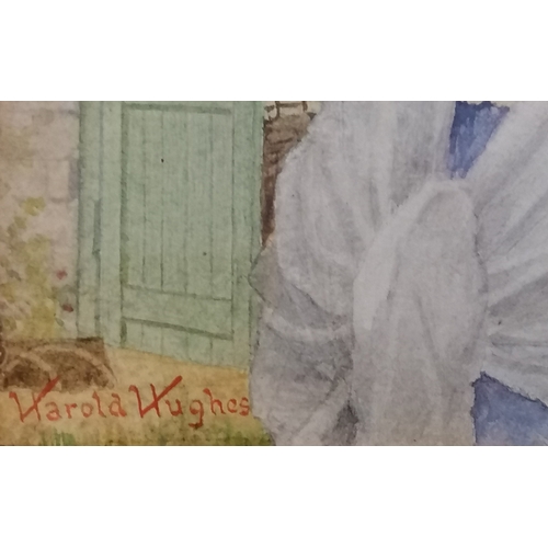 48 - Harold Hughes watercolour painting of a girl by a garden wall - frame 28cm x 26cm.
