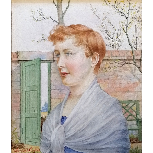 48 - Harold Hughes watercolour painting of a girl by a garden wall - frame 28cm x 26cm.