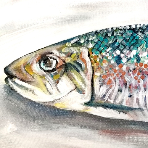 49 - Contemporary oil painting on canvas of a mackerel initialled S B unframed 60cm x 40cm.