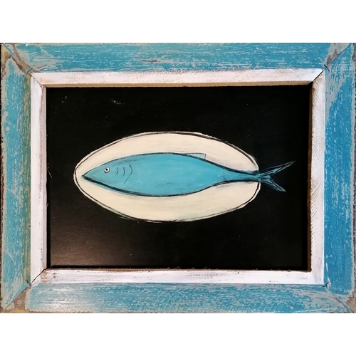 52 - Terence Robert Wood contemporary oil painting blue fish on a plate frame 55cm x 42cm.