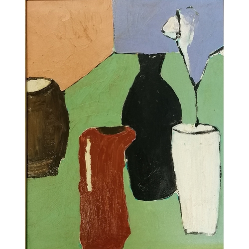 53 - Unsigned oil on board of vases, bottle & jug - frame 63cm x 53cm.