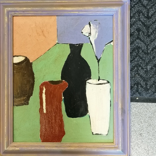 53 - Unsigned oil on board of vases, bottle & jug - frame 63cm x 53cm.