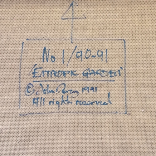 55 - John Percy Abstract mixed media painting on board title 'Entropic Garden' signed to the reverse 92cm... 