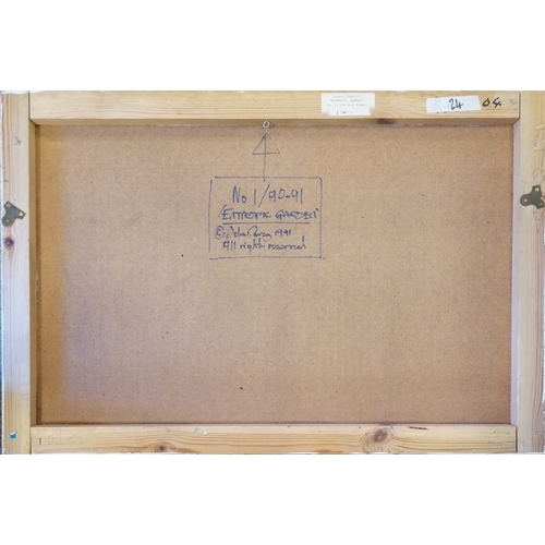 55 - John Percy Abstract mixed media painting on board title 'Entropic Garden' signed to the reverse 92cm... 