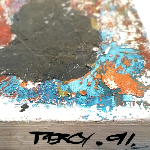 55 - John Percy Abstract mixed media painting on board title 'Entropic Garden' signed to the reverse 92cm... 