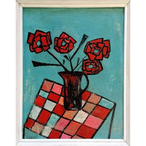 56 - Fenella Smith contemporary oil on canvas - vase of flowers on a table frame 49cm x 39cm.