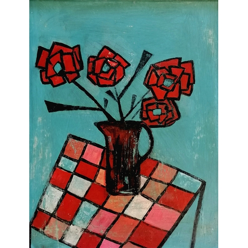 56 - Fenella Smith contemporary oil on canvas - vase of flowers on a table frame 49cm x 39cm.