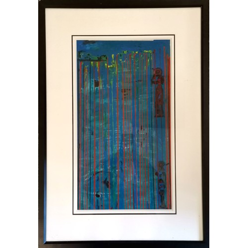 57 - Abstract painting with J Hoyland painted label on reverse of 77.5cm x 53.5cm frame