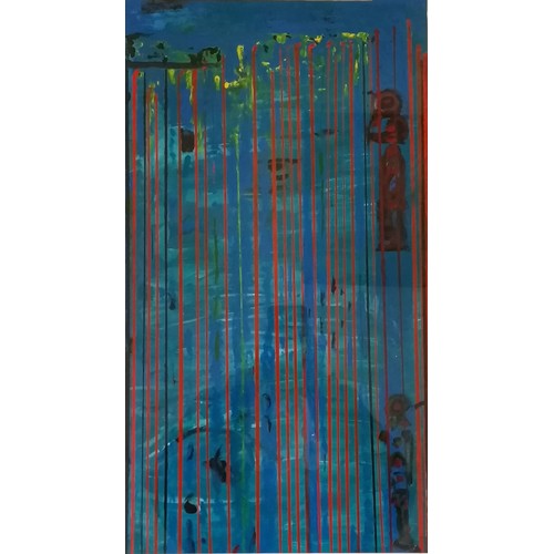 57 - Abstract painting with J Hoyland painted label on reverse of 77.5cm x 53.5cm frame