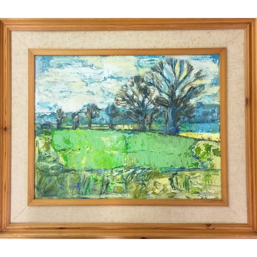 59 - Signed oil painting of a pastoral scene with trees - frame 68cm x 80.5cm.