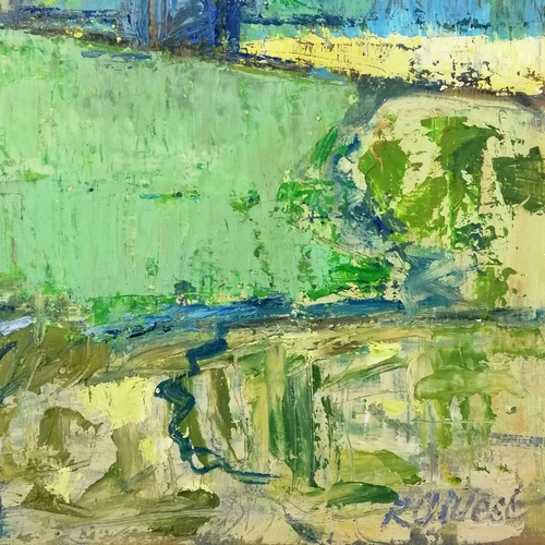 59 - Signed oil painting of a pastoral scene with trees - frame 68cm x 80.5cm.