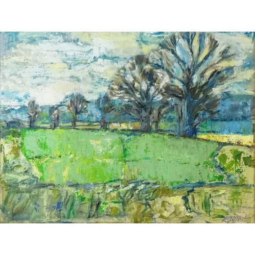 59 - Signed oil painting of a pastoral scene with trees - frame 68cm x 80.5cm.