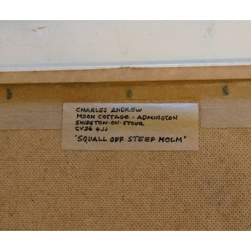 60 - Charles Andrew oil on board painting of 'Squall off Steep Holm' - frame 43cm x 53cm.