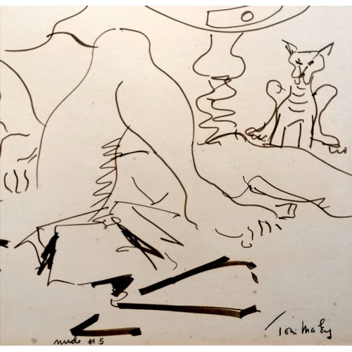 61 - Tom Maley (?) original pen & ink drawing of a nude lady 'Nude #5' dated 1989 - mount 45cm x 48cm ~ h... 