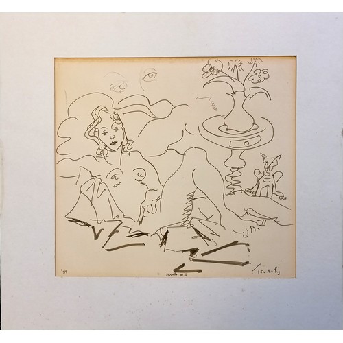 61 - Tom Maley (?) original pen & ink drawing of a nude lady 'Nude #5' dated 1989 - mount 45cm x 48cm ~ h... 