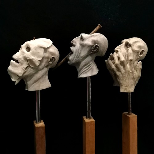 66 - D Barrett 3 x original grotesque plaster sculptures on wooden bases - tallest 84cm