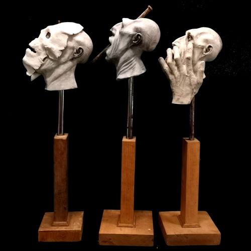 66 - D Barrett 3 x original grotesque plaster sculptures on wooden bases - tallest 84cm