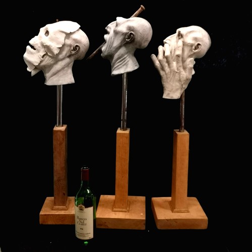 66 - D Barrett 3 x original grotesque plaster sculptures on wooden bases - tallest 84cm