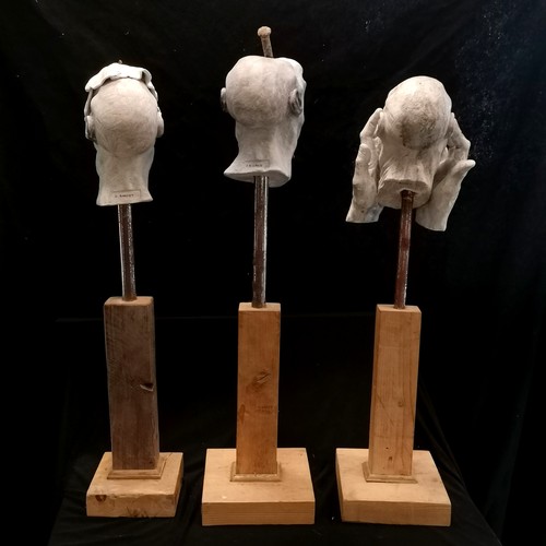 66 - D Barrett 3 x original grotesque plaster sculptures on wooden bases - tallest 84cm