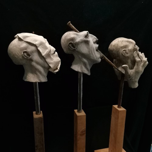 66 - D Barrett 3 x original grotesque plaster sculptures on wooden bases - tallest 84cm