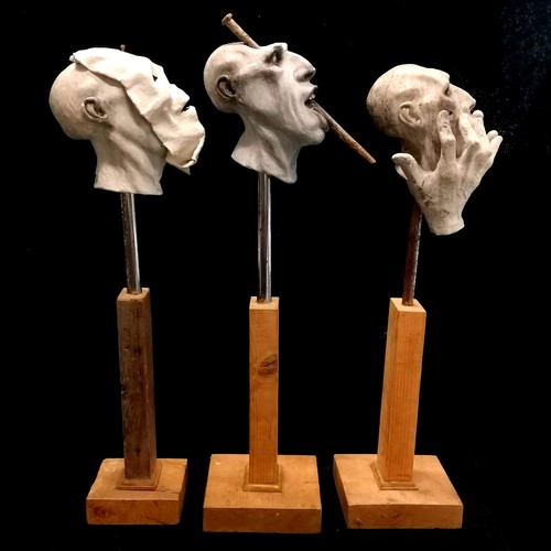 66 - D Barrett 3 x original grotesque plaster sculptures on wooden bases - tallest 84cm