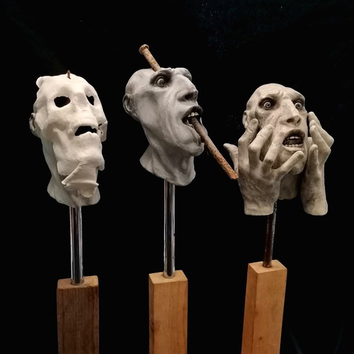 66 - D Barrett 3 x original grotesque plaster sculptures on wooden bases - tallest 84cm