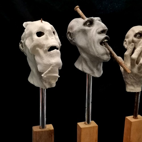 66 - D Barrett 3 x original grotesque plaster sculptures on wooden bases - tallest 84cm