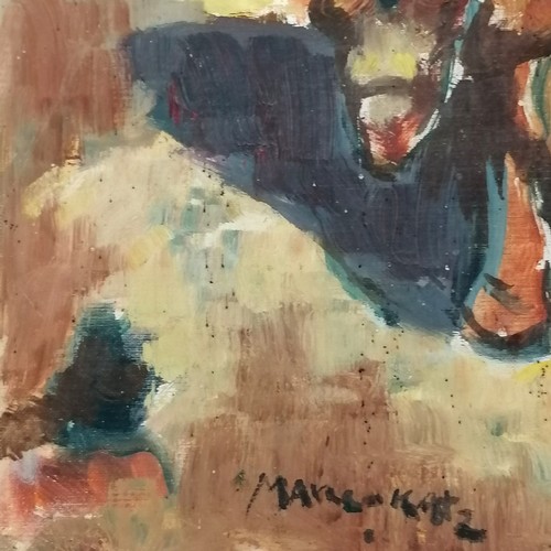 68 - Oil painting on mounted canvas of 2 figures with a bull (beast of burden) signed Marie Katz? - 54.5c... 