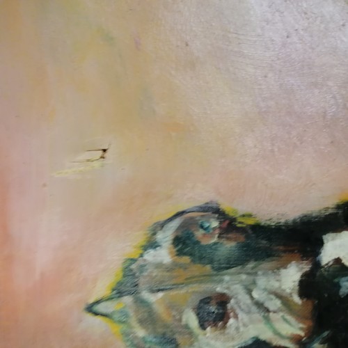 75 - 1983 signed oil painting of racing greyhounds - unframed 53cm x 39.5cm ~ a/f