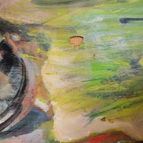 75 - 1983 signed oil painting of racing greyhounds - unframed 53cm x 39.5cm ~ a/f