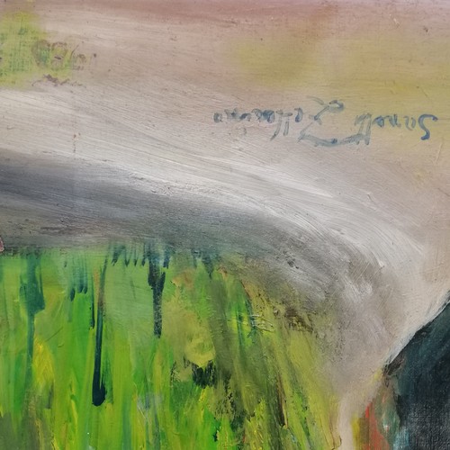 75 - 1983 signed oil painting of racing greyhounds - unframed 53cm x 39.5cm ~ a/f