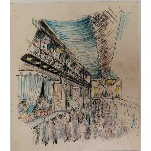 76 - 3 x mid century mixed media studies of exhibition / festival scenes - longest 43cm x 28cm