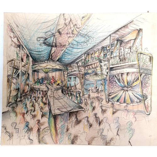 76 - 3 x mid century mixed media studies of exhibition / festival scenes - longest 43cm x 28cm