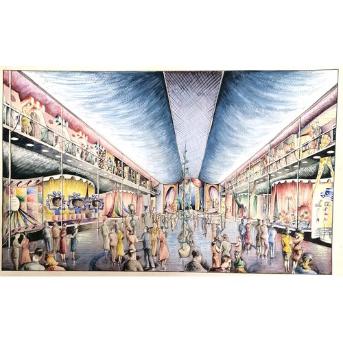 76 - 3 x mid century mixed media studies of exhibition / festival scenes - longest 43cm x 28cm