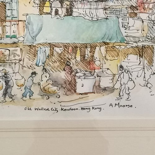 80 - Anne Moorse original pen and ink drawing with watercolour detail 'Old walled city, Kowloon, Hong Kon... 