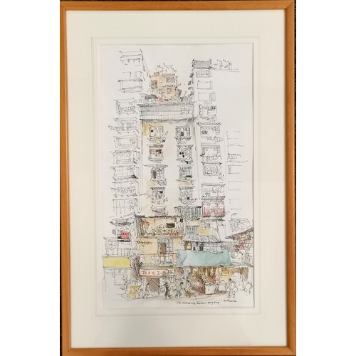 80 - Anne Moorse original pen and ink drawing with watercolour detail 'Old walled city, Kowloon, Hong Kon... 
