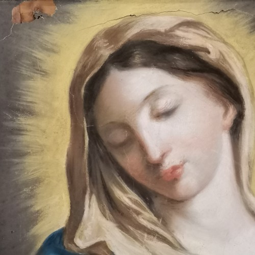 84 - Antique pastel depiction of Mary - gilt frame 50cm x 58cm ~ has 3 tears and some losses and slight l... 