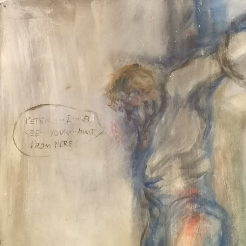 90 - Jim Gilbert (1933-95) oil painting on board depicting Christ on the cross with annotation to the rev... 