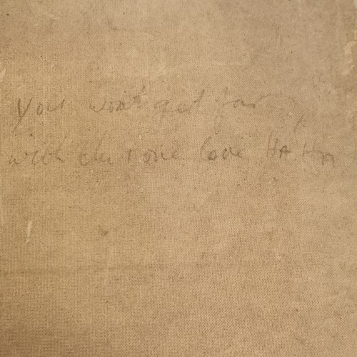 90 - Jim Gilbert (1933-95) oil painting on board depicting Christ on the cross with annotation to the rev... 