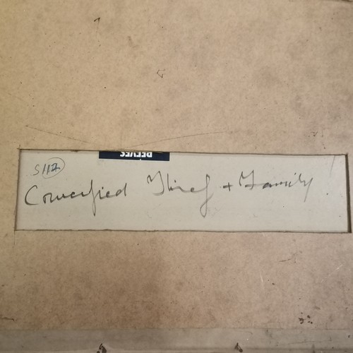 93 - Jim Gilbert (1933-95) oil painting on board 'Crucified thief & family' - frame 78cm x 53cm