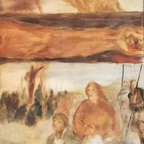 93 - Jim Gilbert (1933-95) oil painting on board 'Crucified thief & family' - frame 78cm x 53cm