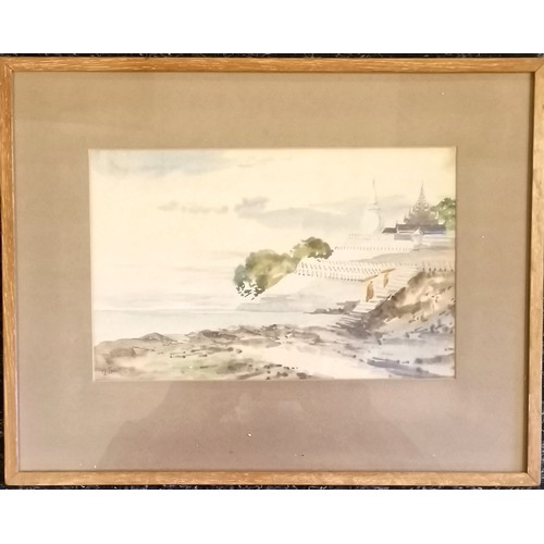 97 - M Thein signed watercolour study of Burmese temple scene - frame 30cm x 38.5cm