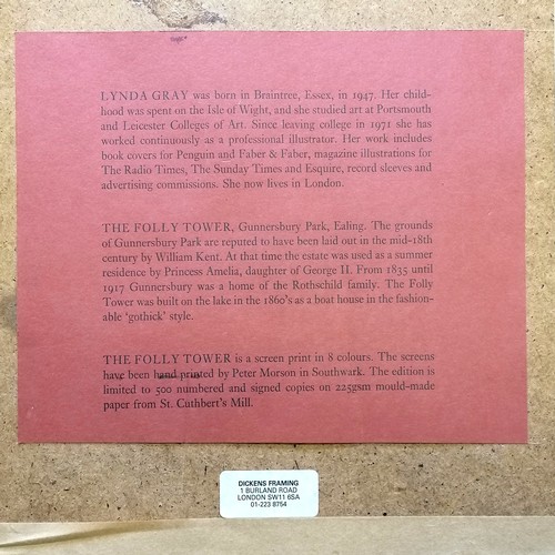 100 - Lynda Gray (b.1947) 8 colour screenprint 'The folly tower' from a ltd ed of 500 - frame 40cm x 31cm