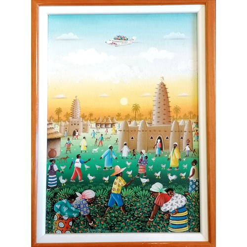102 - Roger Djiguemdé (1966-2023) original painting signed & dated 2000 of busy village with DHL plane - f... 