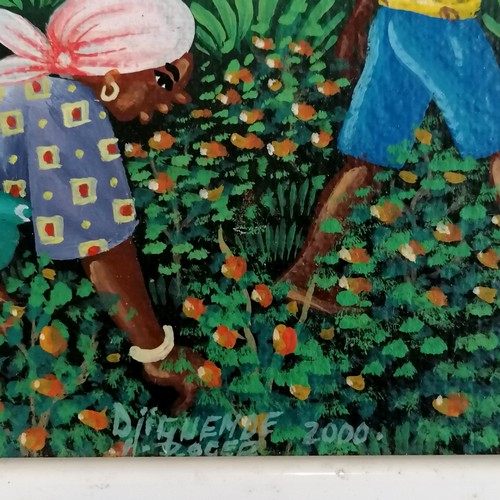 102 - Roger Djiguemdé (1966-2023) original painting signed & dated 2000 of busy village with DHL plane - f... 