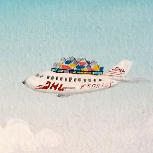 102 - Roger Djiguemdé (1966-2023) original painting signed & dated 2000 of busy village with DHL plane - f... 