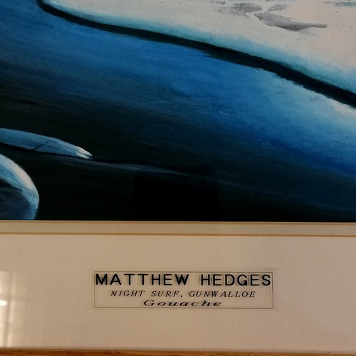 103 - Matthew Hedges waveart gouache painting 'Night surf : Gunwalloe' - frame 55cm x 76.5cm