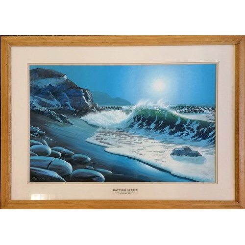 103 - Matthew Hedges waveart gouache painting 'Night surf : Gunwalloe' - frame 55cm x 76.5cm