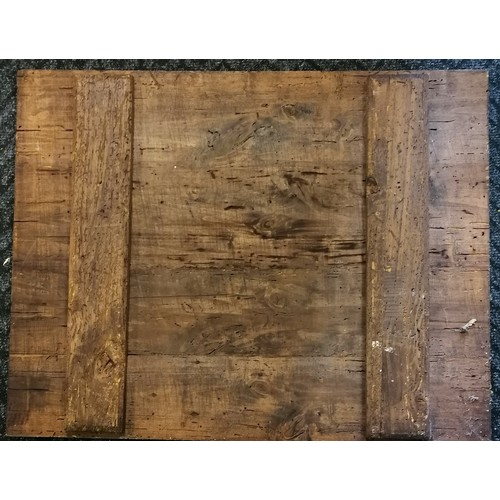 106 - Italian naive painting of a mansion with figural & animal detail on an old wooden panel - 62.5cm x 8... 